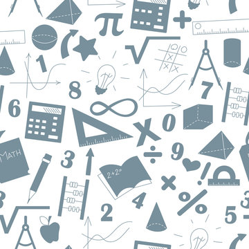 Seamless background with formulas and charts on the topic of mathematics and education, a grey silhouettes of icons on the light background 