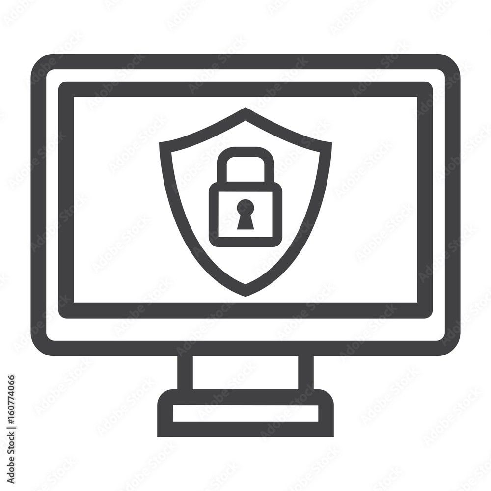 Poster computer security line icon, protection and padlock, vector graphics, a linear pattern on a white ba