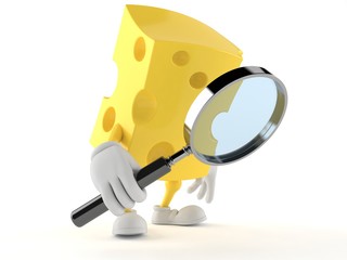 Cheese character looking through magnifying glass