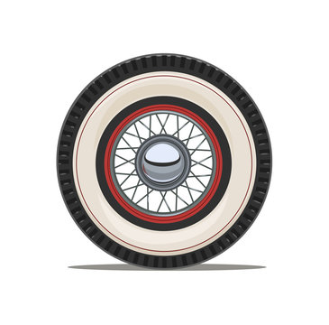 Vintage Car Wheel With Spoke, Isolated White Background. Vector