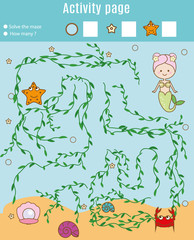Naklejka premium Activity page for kids. Educational game. Maze and counting game. Help mermaid find pearl. Fun for preschool years children