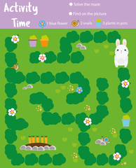Activity page for kids. Educational game. Maze and find objects. Animals theme. Help rabbit find carrots. Fun for preschool years children