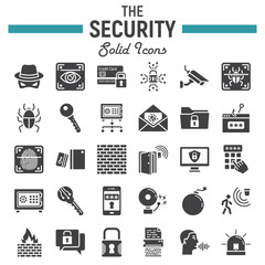 Security solid icon set, cyber protection symbols collection, safety vector sketches, logo illustrations, glyph pictograms package isolated on white background, eps 10.