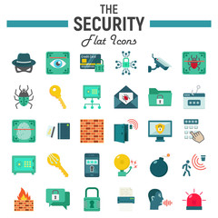 Security flat icon set, cyber protection symbols collection, safety vector sketches, logo illustrations, colorful solid pictograms package isolated on white background, eps 10.