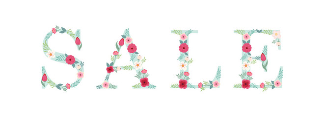 Beautiful seasonal shop banner with letters decorated with hand drawn rustic flowers