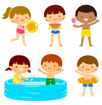 Young kids in swimsuits playing at the beach or at the pool