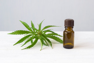 leaf of cannabis and a bottle of hemp oil