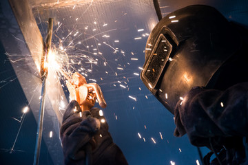 Arc welding of a steel in construction site