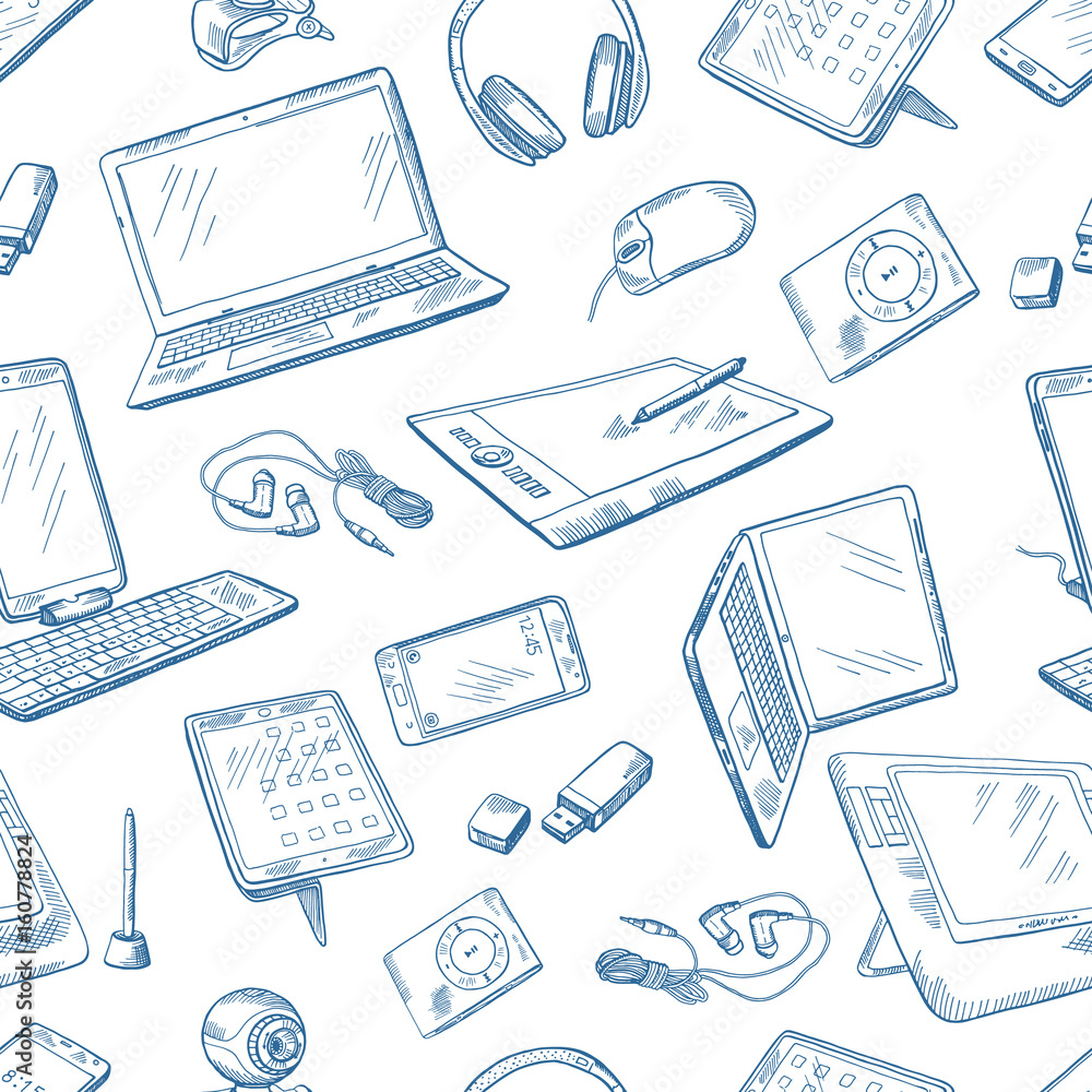 Poster different computer devices in hand drawn style. vector seamless pattern