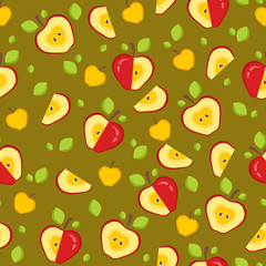 Fruit background with whole, chopped, slices of apples, green leaves. Seamless pattern for print. Vector illustration