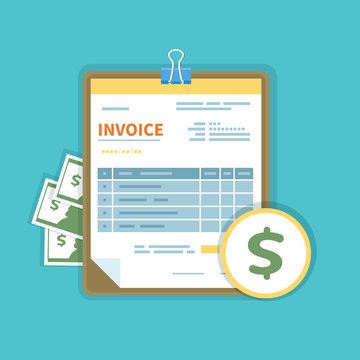 Invoice icon with money on a tablet isolated. Unfilled, minimalistic form of the document. Payment and invoicing, business or financial operations sign. Template design in the flat style. Vector