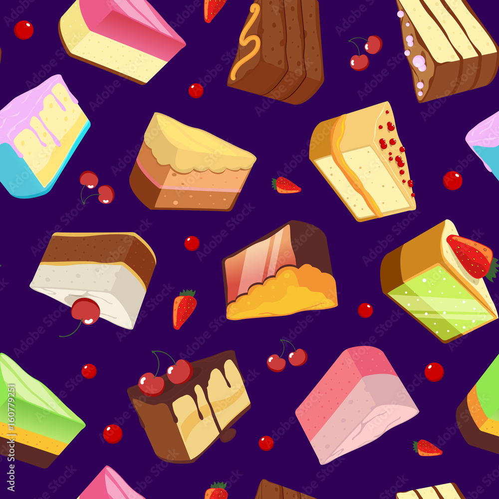 Poster seamless pattern with sweets and cakes isolate on dark background. vector illustrations