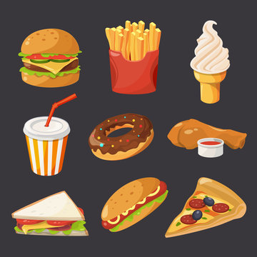 Fast food illustration in cartoon style. Pictures of burger, cold drinks, tacos and hotdog