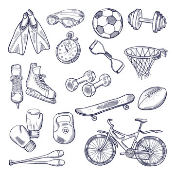 Vector doodle set of sport equipment. Hand drawn illustrations isolate on white background