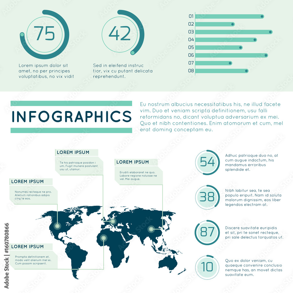 Poster World map infographic concept with line charts, graphs and other vector elements. Design project with place for your text
