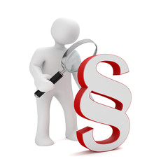 Weisses 3d Männchen mit Lupe und Paragraf