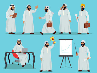 Different poses of arab businessman. Character design in flat style. Vector illustrations set