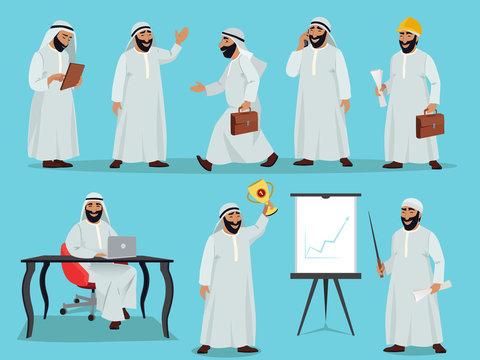 Different poses of arab businessman. Character design in flat style. Vector illustrations set