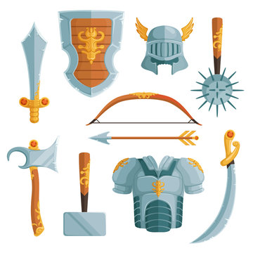 Fantasy weapons in cartoon style. Vector illustrations set