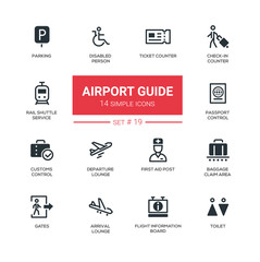 Airport guide - modern simple icons, pictograms set