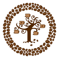 Coffee tree with cups in a circle of coffee beans, vector illustration