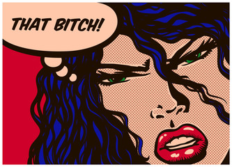Pop art syle comic book panel with jealous or envious woman and speech bubble vector poster design illustration