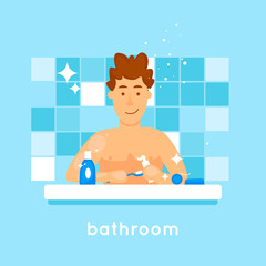 Hygiene guy is brushing his teeth. Flat vector illustration in cartoon style.