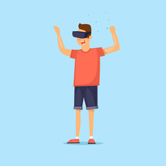 Guy in virtual reality. Flat vector illustration in cartoon style.