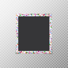 Photo frame with flying multicolored confetti isolated on a transparent background
