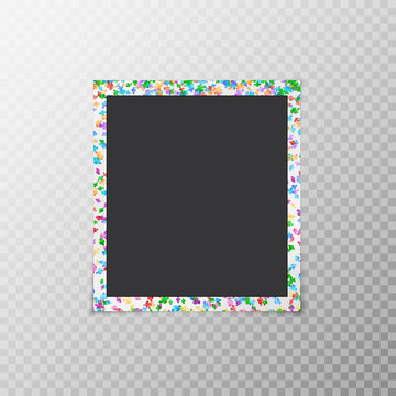 Photo frame with flying confetti of different colors isolated on a translucent background
