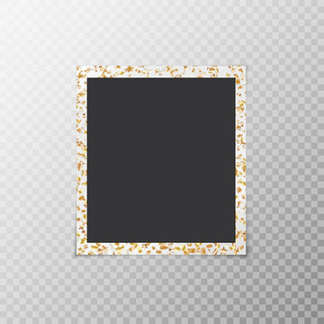 Photo frame with flying confetti in the form of gold stars close-up on a translucent background
