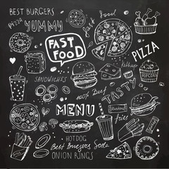 Fototapeta Fast food doodles. Hand drawn vector symbols and objects obraz