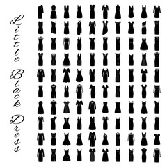 Fashion little black dresses. Big collection of 100 evening gowns. One hundred cocktail woman cloth shopping.