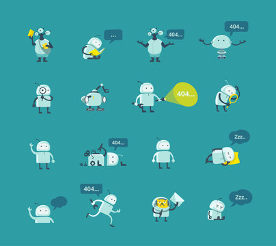 Character robot set Different situations. 404 error page not found funny repairs. Vector Icons.