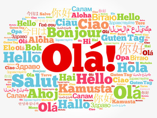 OLA (Hello Greeting in Portuguese) word cloud in different languages of the world, background concept