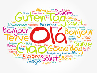 OLA (Hello Greeting in Portuguese) word cloud in different languages of the world, background concept