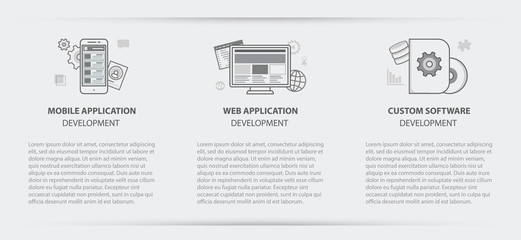 Flat line illustration business concept menu banner set of web application development, application development and custom software development company site services for websites on background