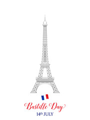 Bastille Day 14 July . French Eiffel Tower typography and flag.