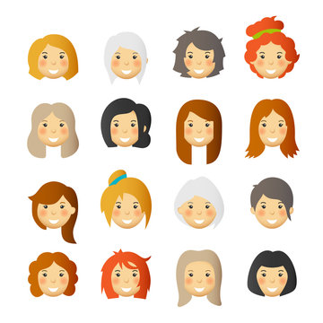 Women with rosy cheeks. Vector avatars and emoticons set.