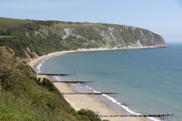 Swanage Bay Jurassic coastline looking towards Ballard Cliff and Ballard Point. Dorset England UK