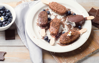 Chocolate ice cream popsicles on white plate