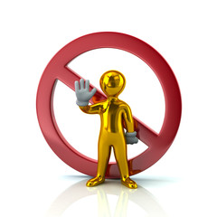 Golden man showing stop gesture and not allowed sign