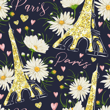 Paris. Vintage seamless pattern with Eiffel Tower, hearts with golden glitter foil texture and chamomile flowers. Retro hand drawn vector illustration. 