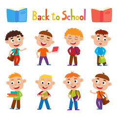 Color vector set pretty boys stand with books, bag and backpack.