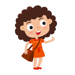 Color vector illustration of pretty stylish curly girl stand wit
