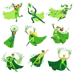 ECO superhero characters in action set, young men and women in green capes vector Illustrations © topvectors