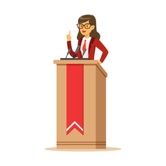 Young politician woman standing behind rostrum and giving a speech, public speaker character vector Illustration