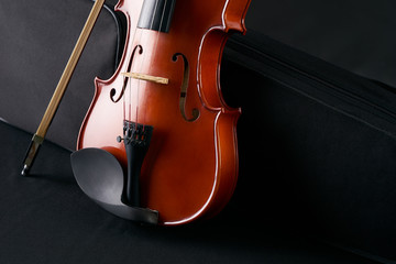 Classical wooden Violin with molded carrying black case. Musical string instrument fiddle with...