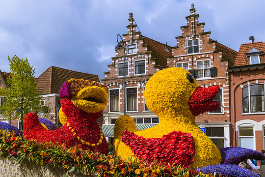 Statue made of tulips on flowers parade in Haarlem Netherlands