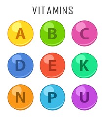 Vitamins colorful pills capcule icons isolated on white background. Retinol vitamins drop pills capsule.